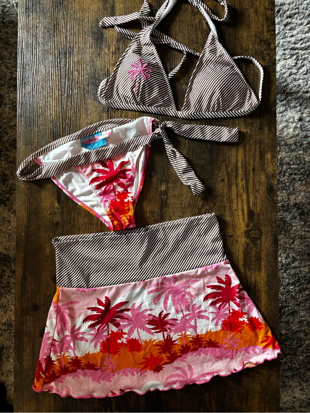 Brown striped Tropical Palm Tree Bikini three piece set size 11